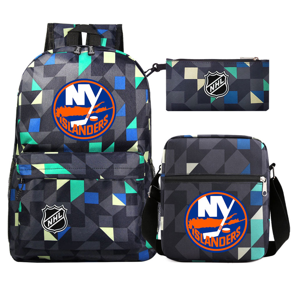 New York Islanders Hockey League Printed Schoolbag Backpack Shoulder Bag Pencil Bag 3pcs set for Kids Students