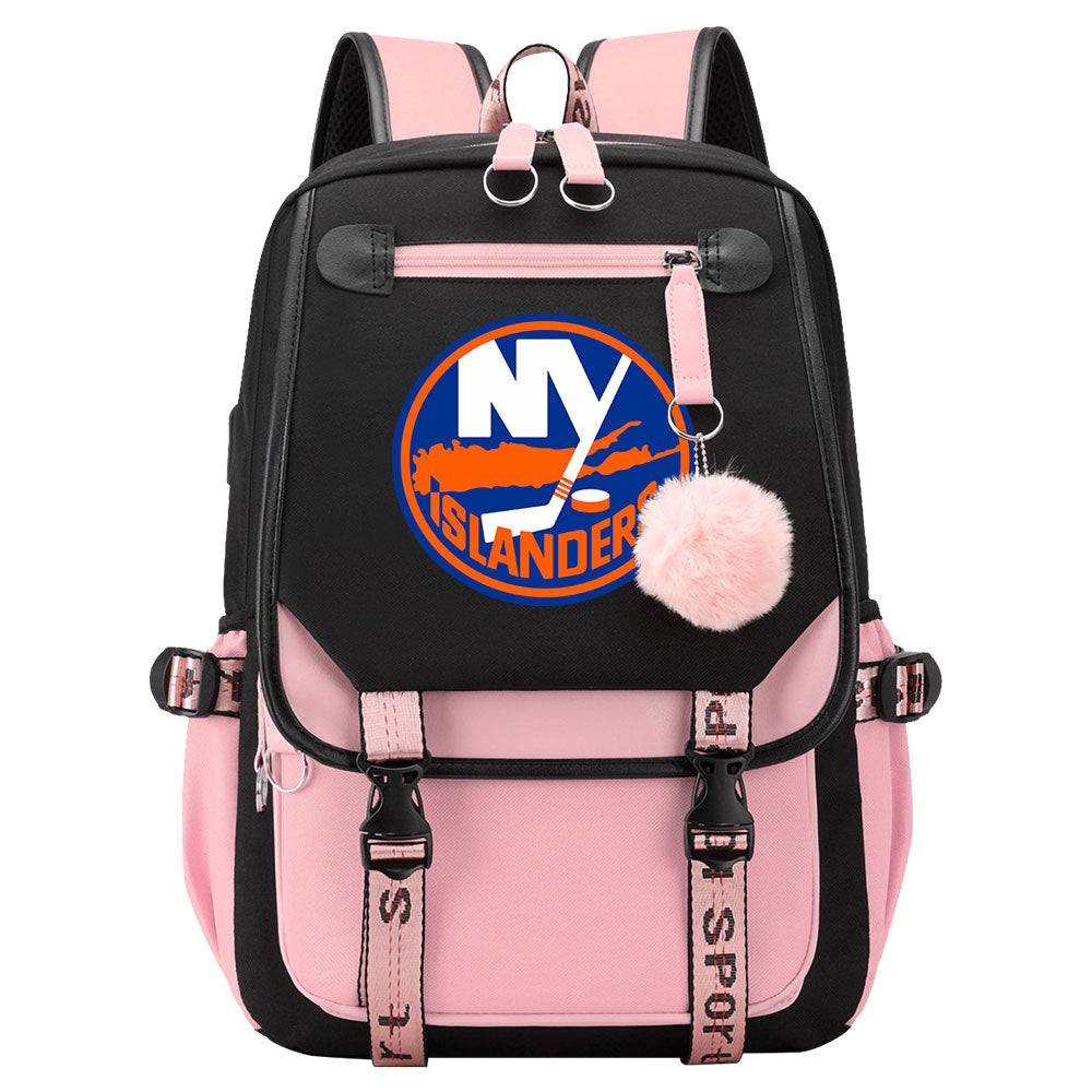 New York Islanders Hockey League Waterproof Backpack School Notebook Travel Bag USB Charging