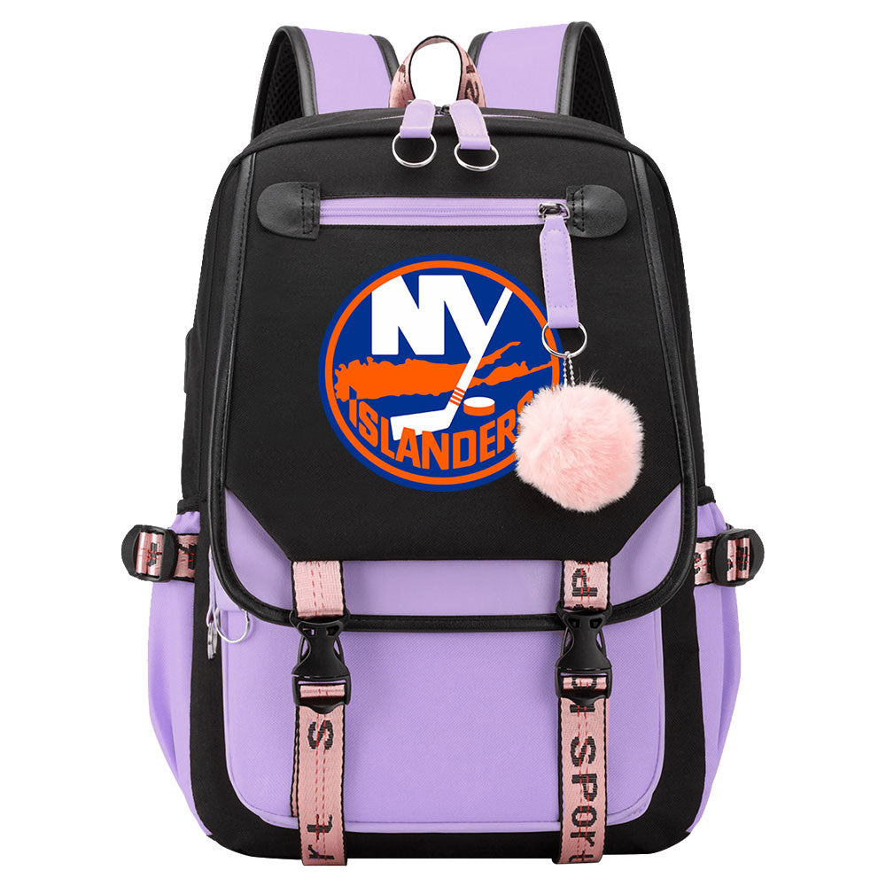 New York Islanders Hockey League Waterproof Backpack School Notebook Travel Bag USB Charging