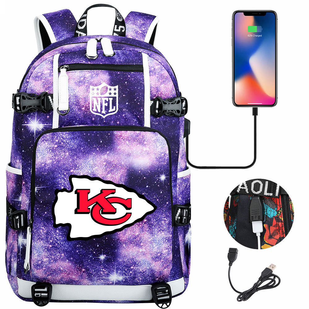 Kansas City Chiefs Football Team USB Charging Backpack School Notebook Travel Bags