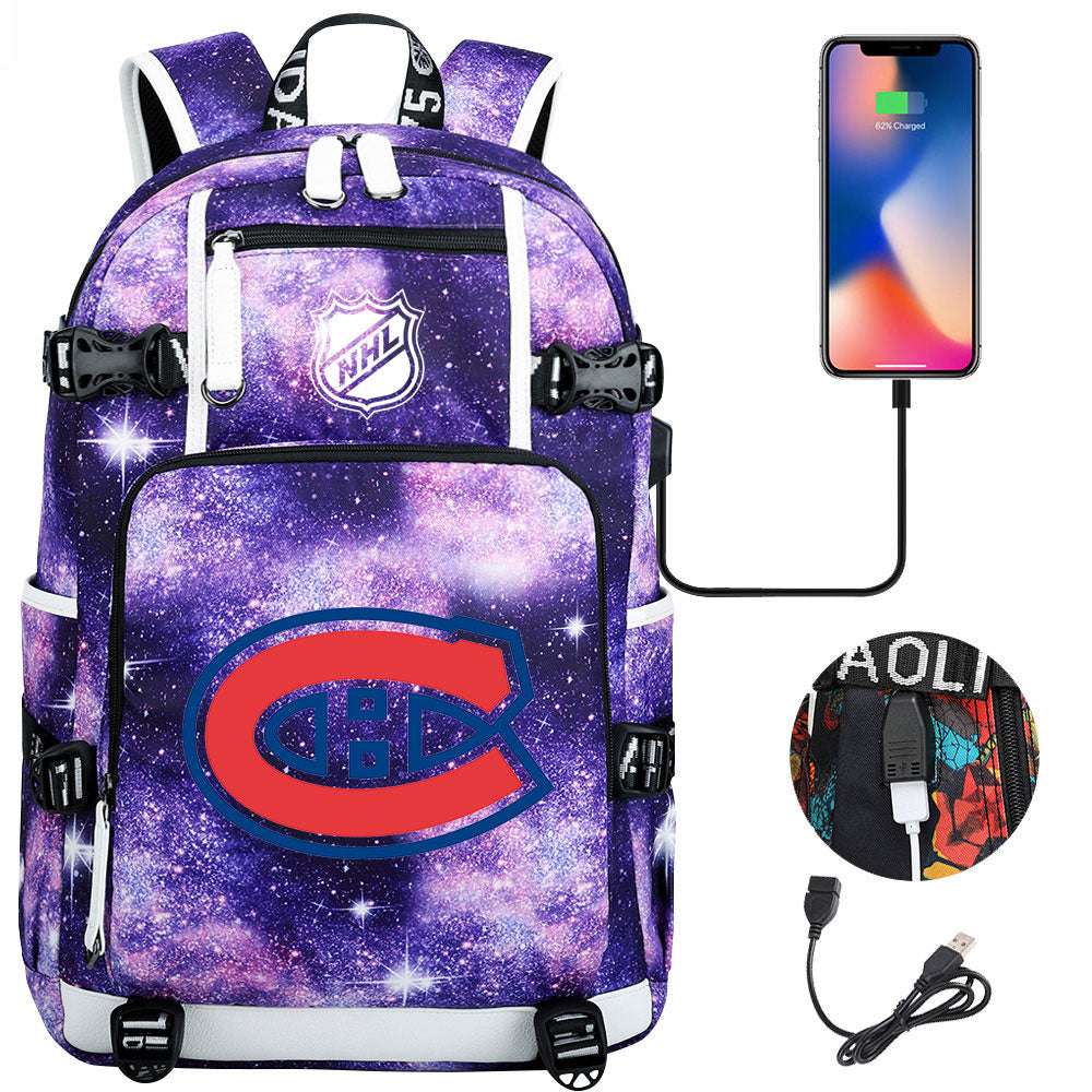 Montreal Canadiens Hockey League USB Charging Backpack School Notebook Travel Bags