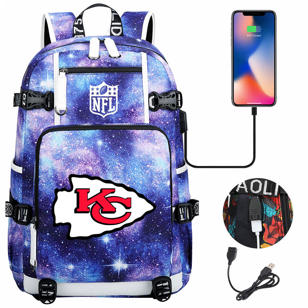 Kansas City Chiefs Football Team USB Charging Backpack School Notebook Travel Bags