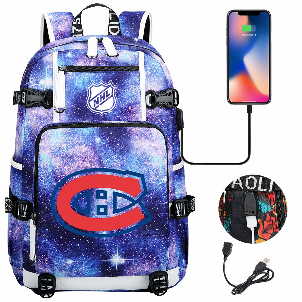 Montreal Canadiens Hockey League USB Charging Backpack School Notebook Travel Bags