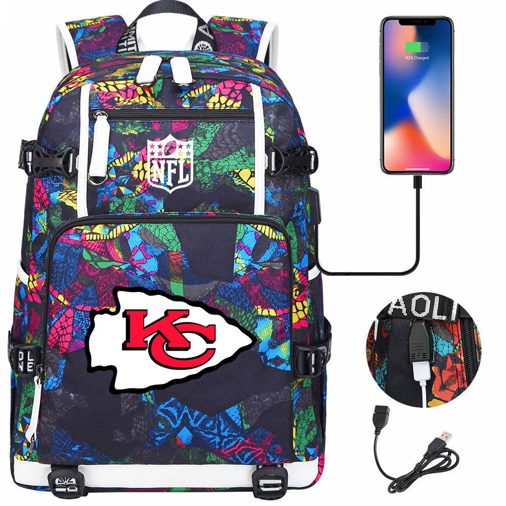 Kansas City Chiefs Football Team USB Charging Backpack School Notebook Travel Bags