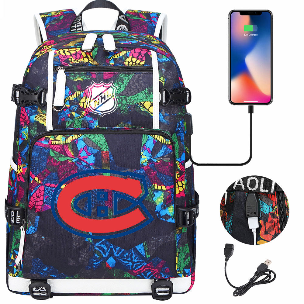 Montreal Canadiens Hockey League USB Charging Backpack School Notebook Travel Bags