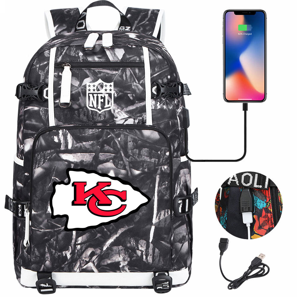 Kansas City Chiefs Football Team USB Charging Backpack School Notebook Travel Bags