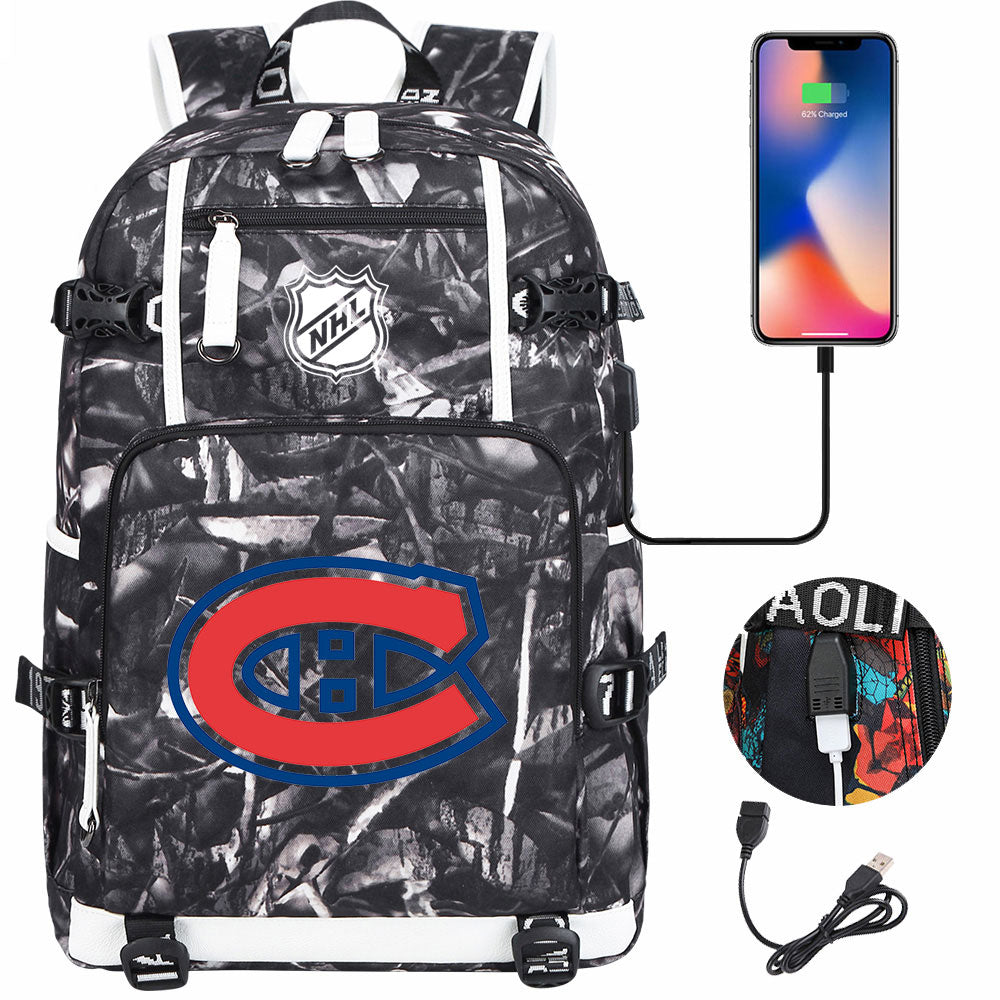 Montreal Canadiens Hockey League USB Charging Backpack School Notebook Travel Bags