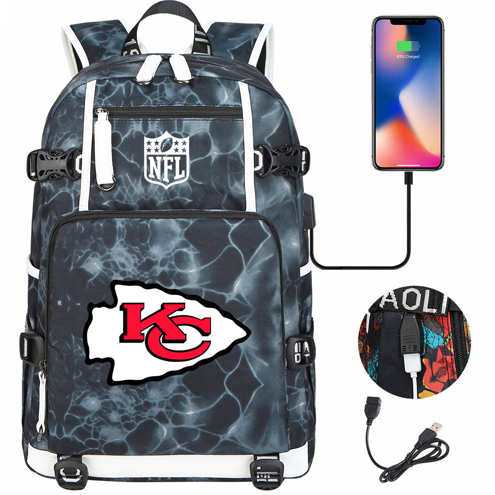 Kansas City Chiefs Football Team USB Charging Backpack School Notebook Travel Bags