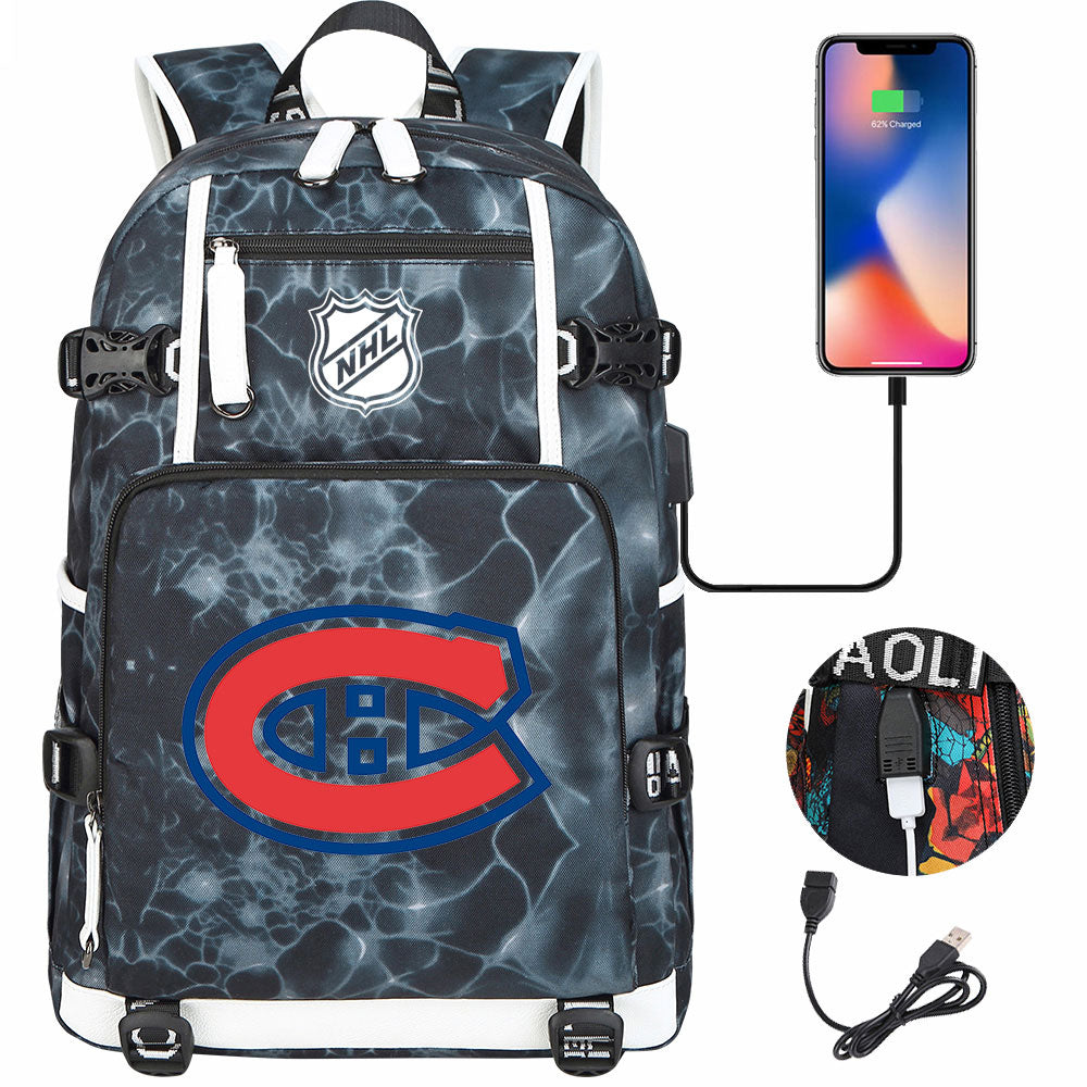 Montreal Canadiens Hockey League USB Charging Backpack School Notebook Travel Bags