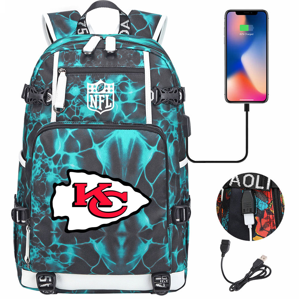 Kansas City Chiefs Football Team USB Charging Backpack School Notebook Travel Bags