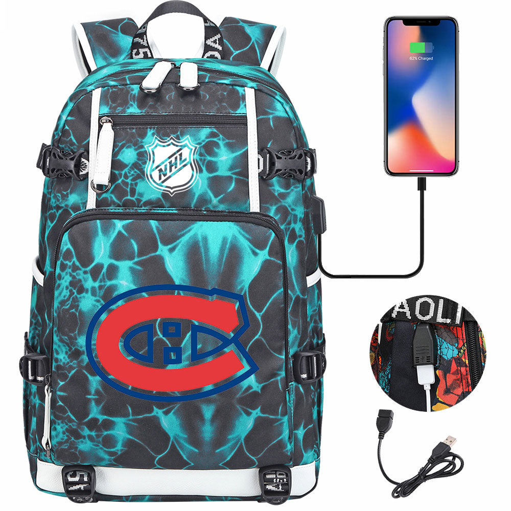 Montreal Canadiens Hockey League USB Charging Backpack School Notebook Travel Bags