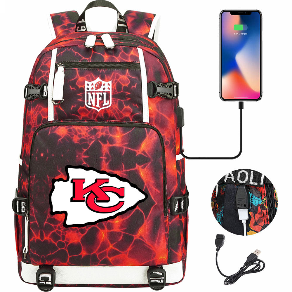 Kansas City Chiefs Football Team USB Charging Backpack School Notebook Travel Bags