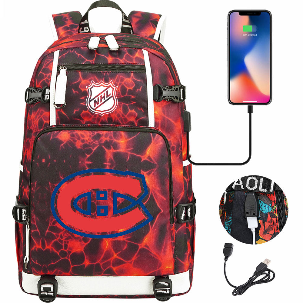 Montreal Canadiens Hockey League USB Charging Backpack School Notebook Travel Bags