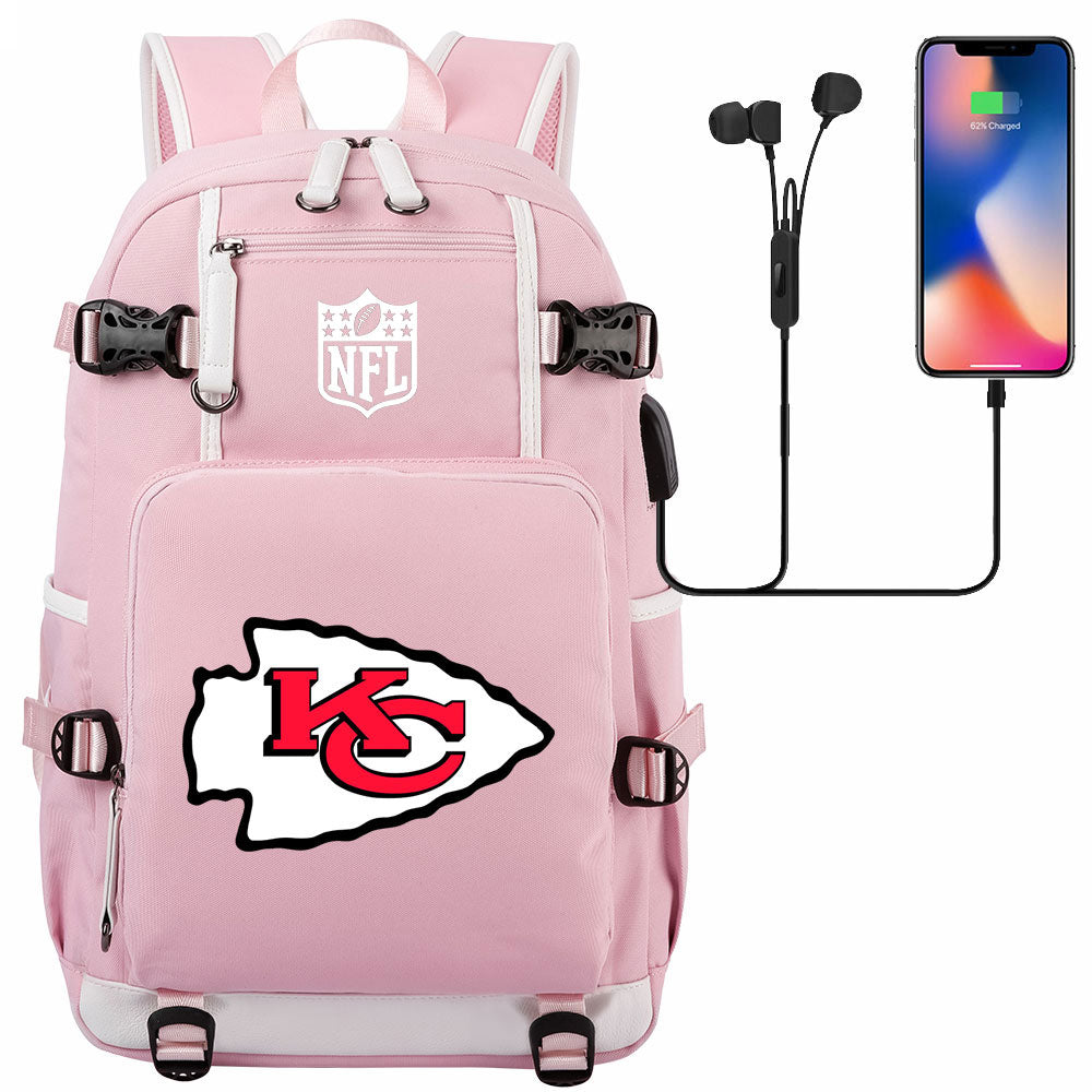 Kansas City Chiefs Football Team USB Charging Backpack School Notebook Travel Bags