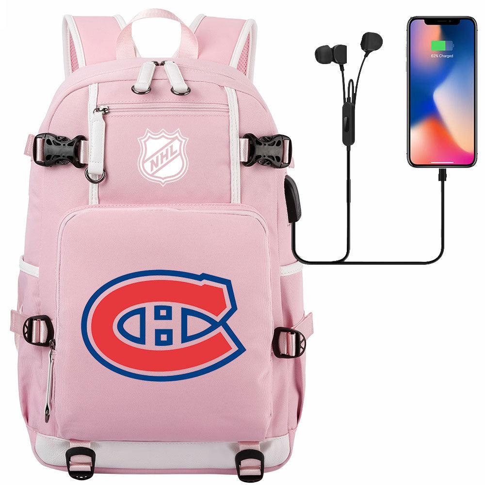 Montreal Canadiens Hockey League USB Charging Backpack School Notebook Travel Bags