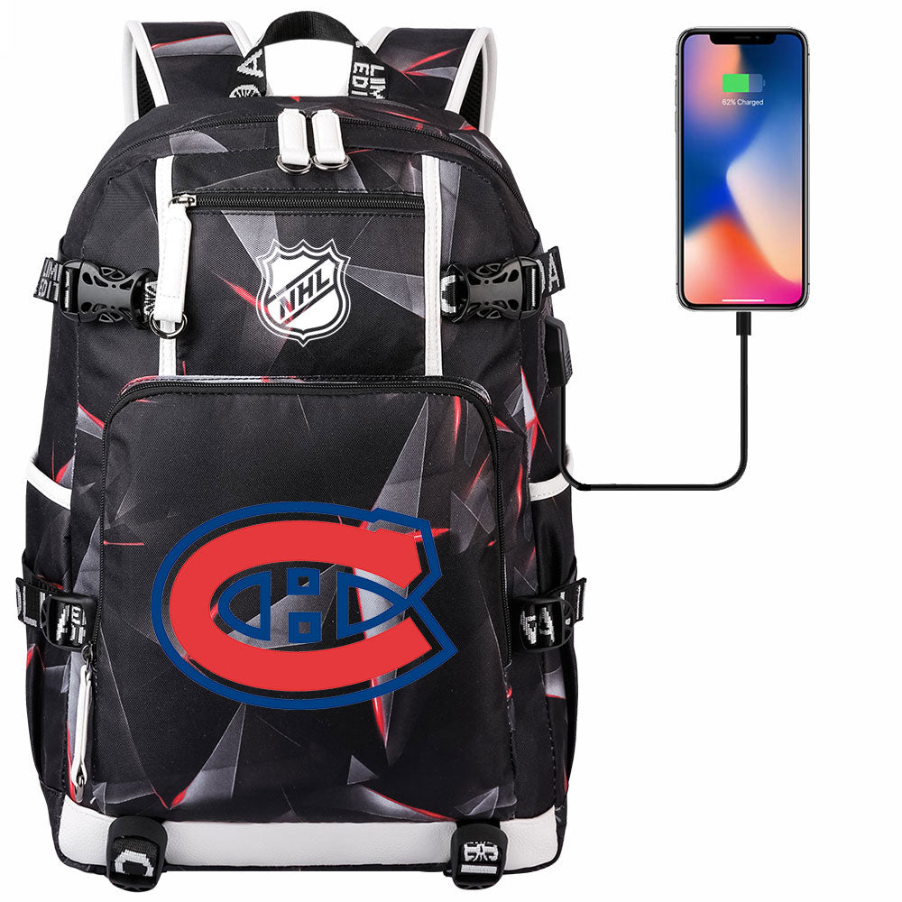 Montreal Canadiens Hockey League USB Charging Backpack School Notebook Travel Bags