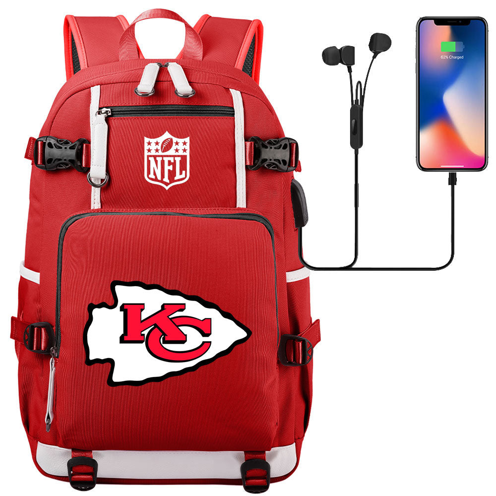 Kansas City Chiefs Football Team USB Charging Backpack School Notebook Travel Bags