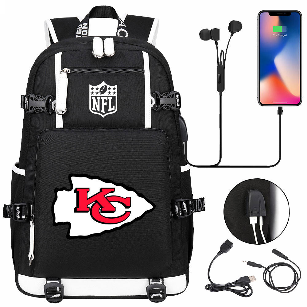 Kansas City Chiefs Football Team USB Charging Backpack School Notebook Travel Bags