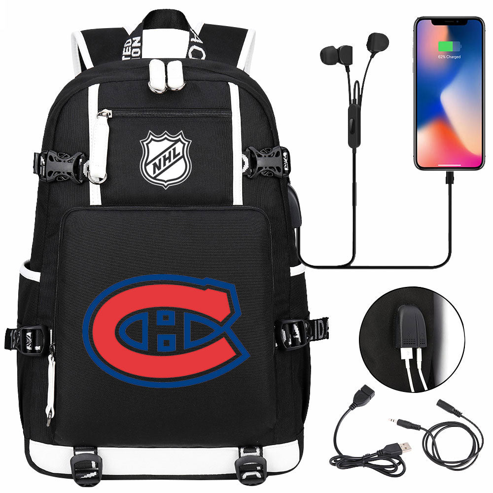 Montreal Canadiens Hockey League USB Charging Backpack School Notebook Travel Bags