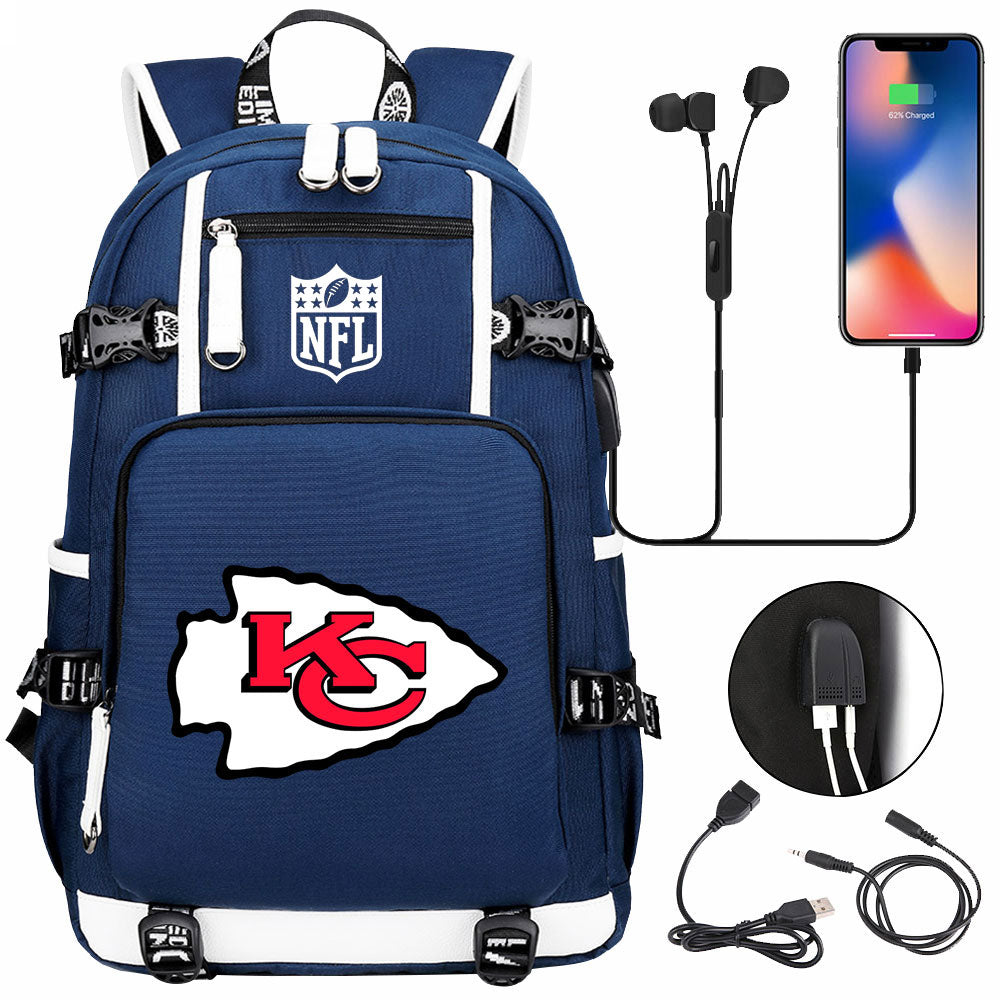 Kansas City Chiefs Football Team USB Charging Backpack School Notebook Travel Bags