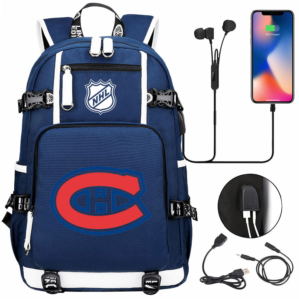 Montreal Canadiens Hockey League USB Charging Backpack School Notebook Travel Bags