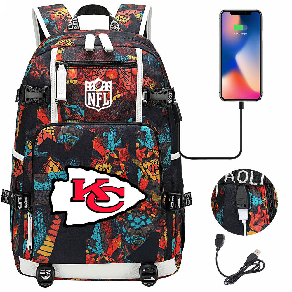 Kansas City Chiefs Football Team USB Charging Backpack School Notebook Travel Bags