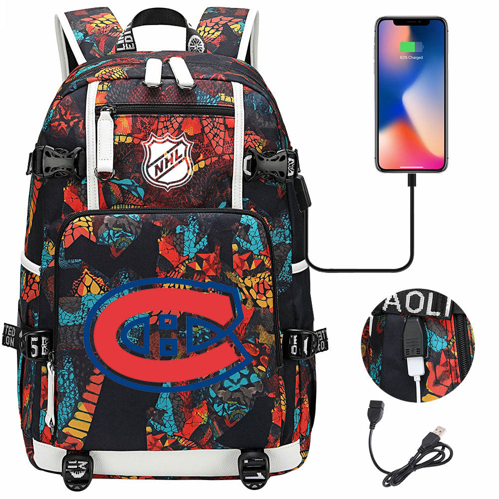 Montreal Canadiens Hockey League USB Charging Backpack School Notebook Travel Bags