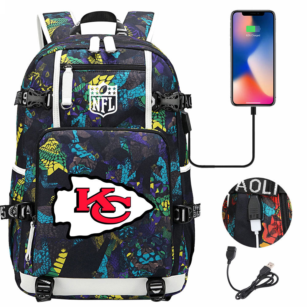 Kansas City Chiefs Football Team USB Charging Backpack School Notebook Travel Bags