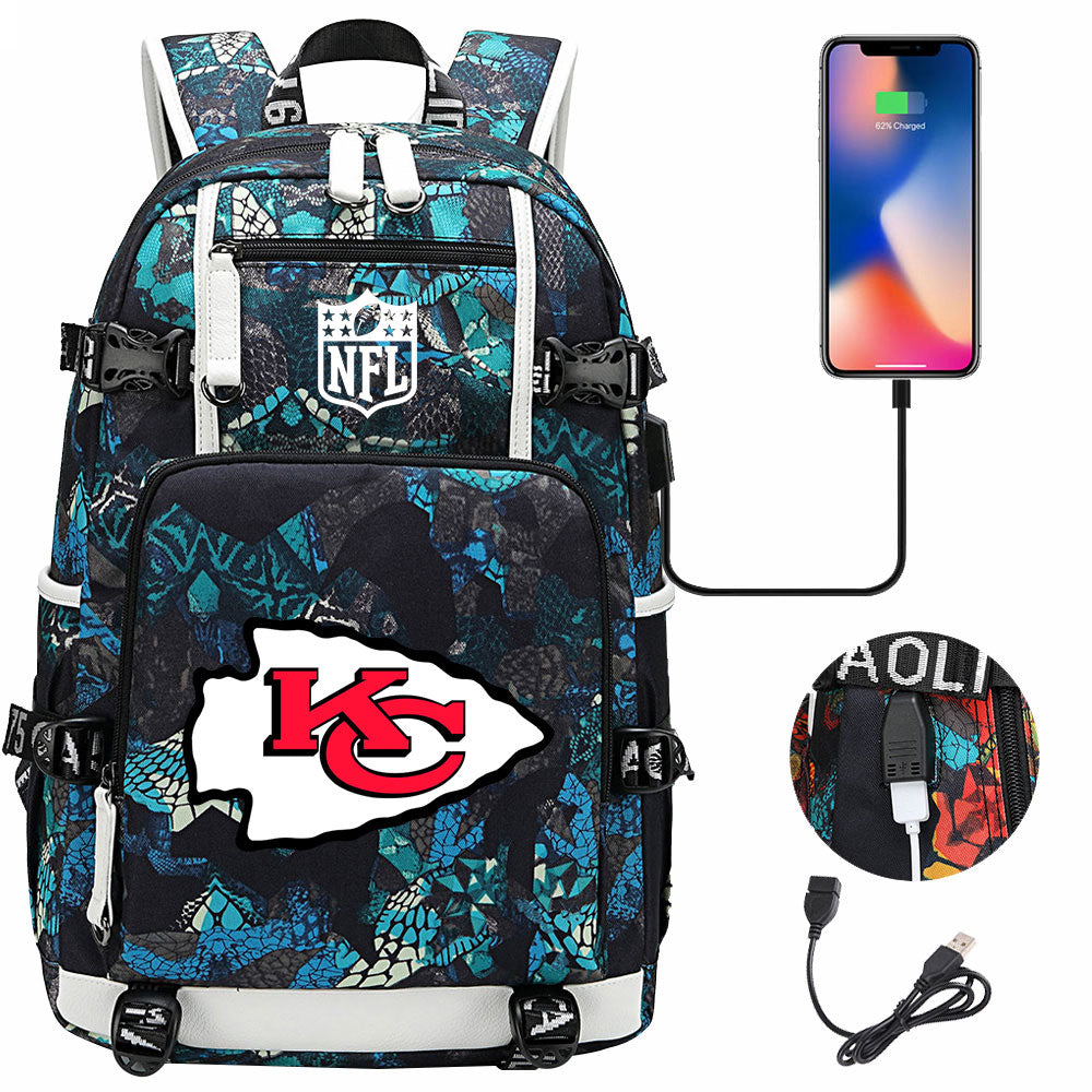 Kansas City Chiefs Football Team USB Charging Backpack School Notebook Travel Bags