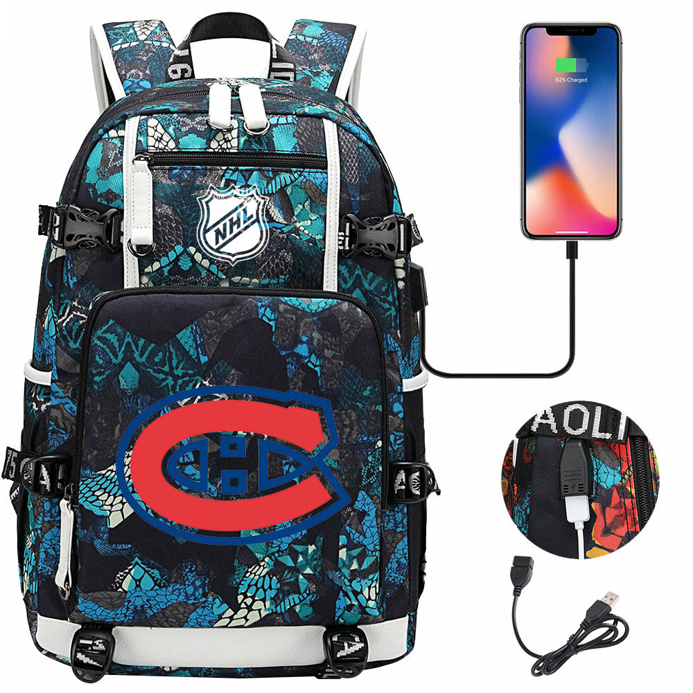 Montreal Canadiens Hockey League USB Charging Backpack School Notebook Travel Bags