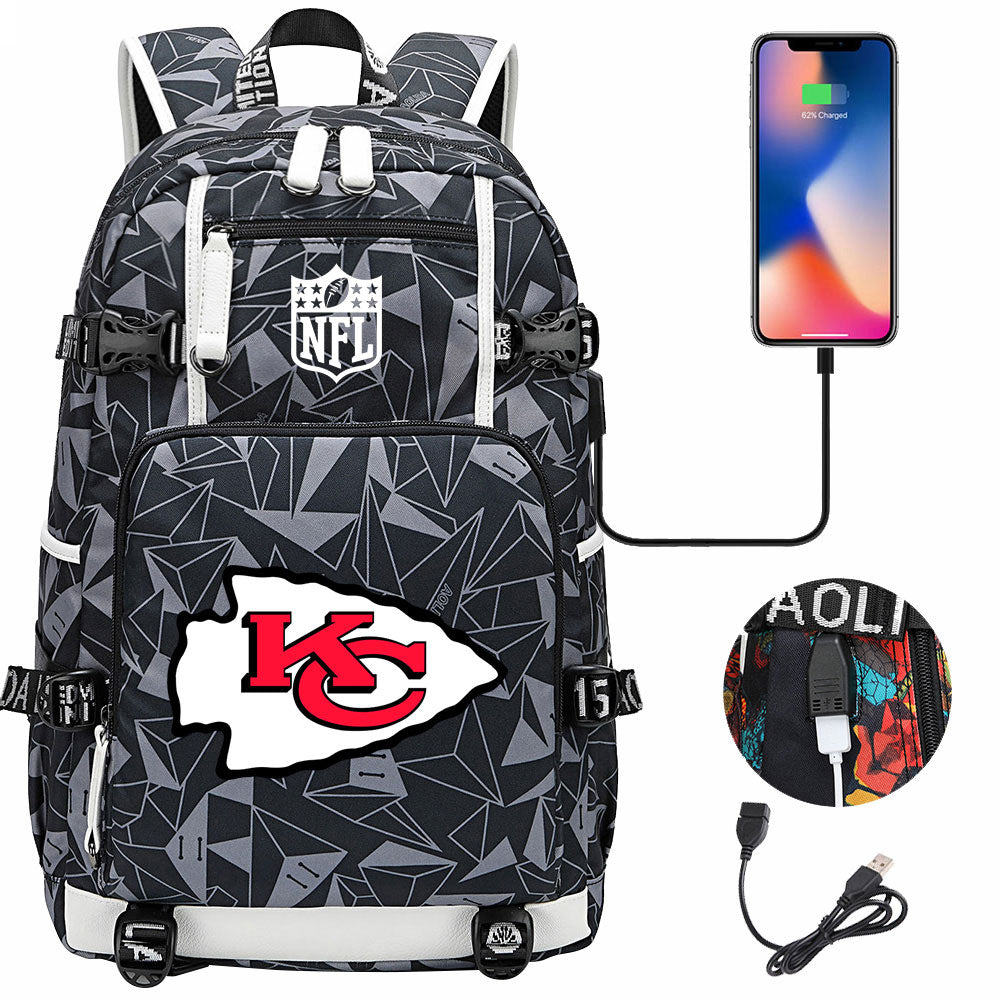 Kansas City Chiefs Football Team USB Charging Backpack School Notebook Travel Bags