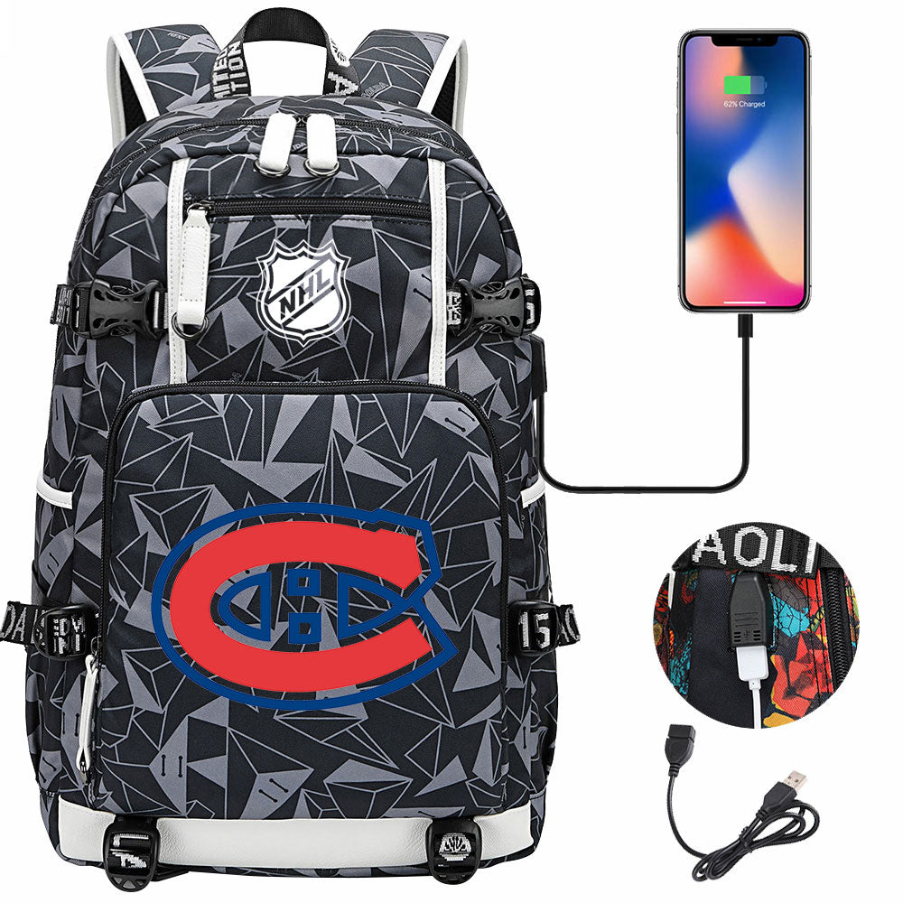 Montreal Canadiens Hockey League USB Charging Backpack School Notebook Travel Bags