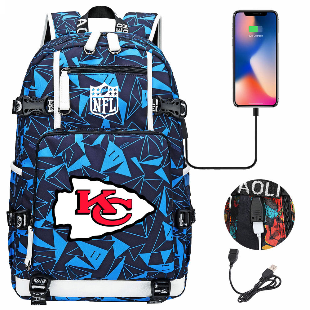 Kansas City Chiefs Football Team USB Charging Backpack School Notebook Travel Bags