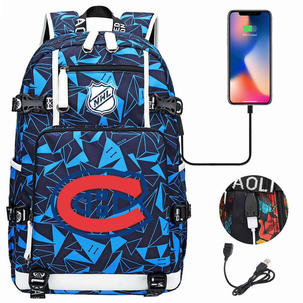 Montreal Canadiens Hockey League USB Charging Backpack School Notebook Travel Bags