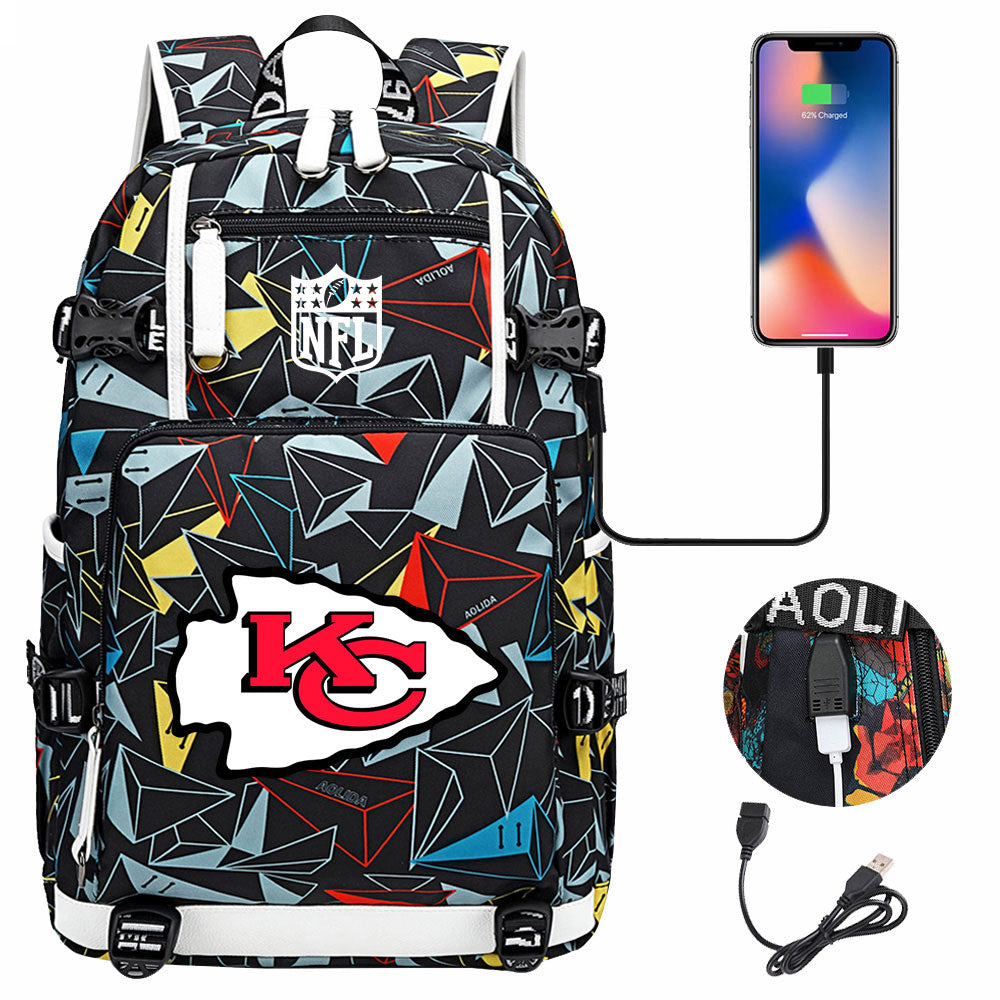 Kansas City Chiefs Football Team USB Charging Backpack School Notebook Travel Bags