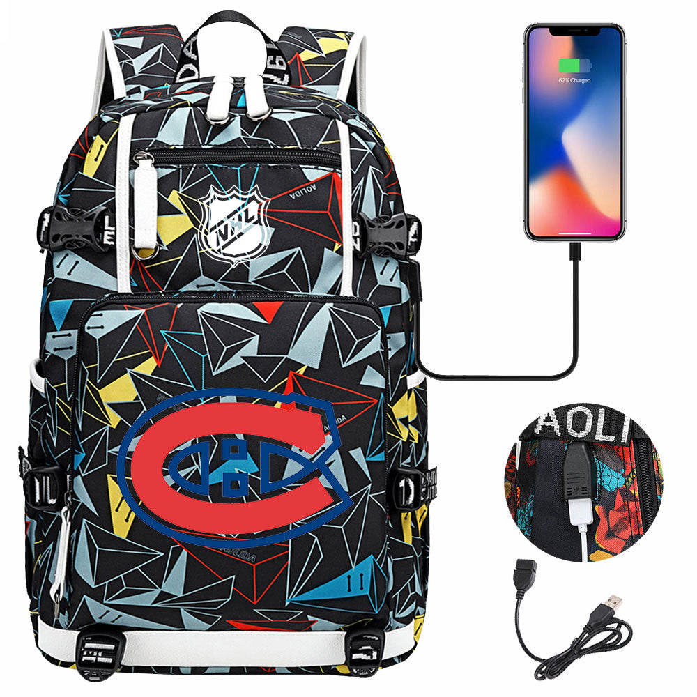 Montreal Canadiens Hockey League USB Charging Backpack School Notebook Travel Bags