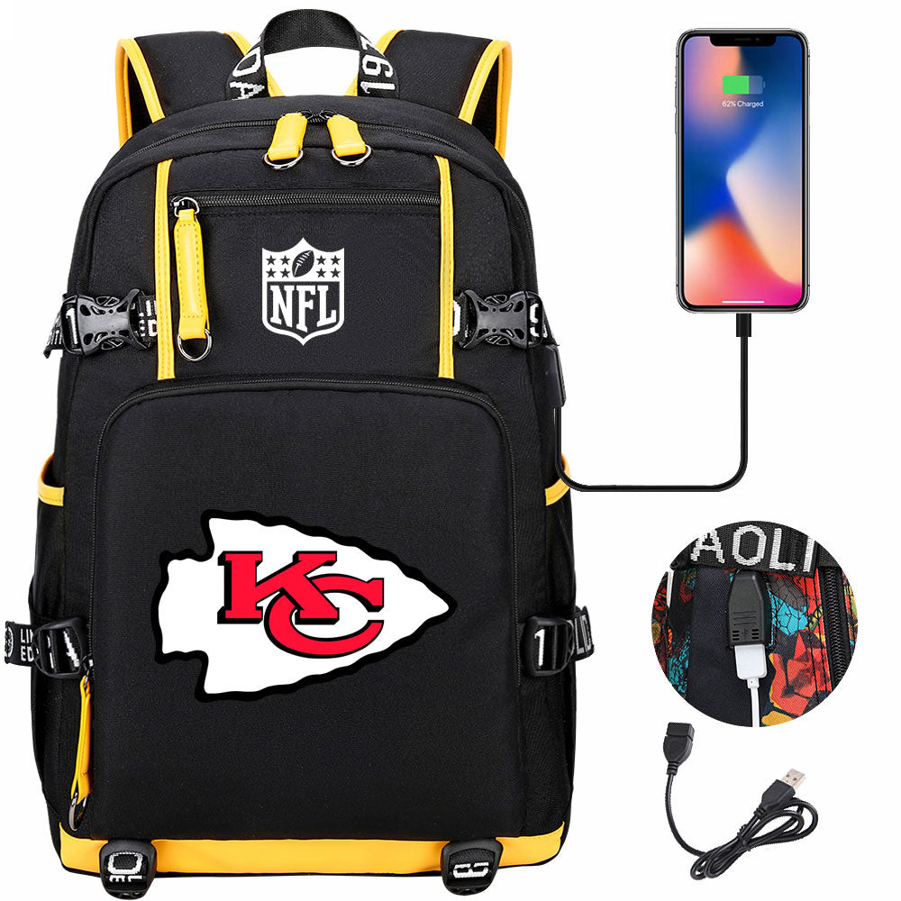 Kansas City Chiefs Football Team USB Charging Backpack School Notebook Travel Bags