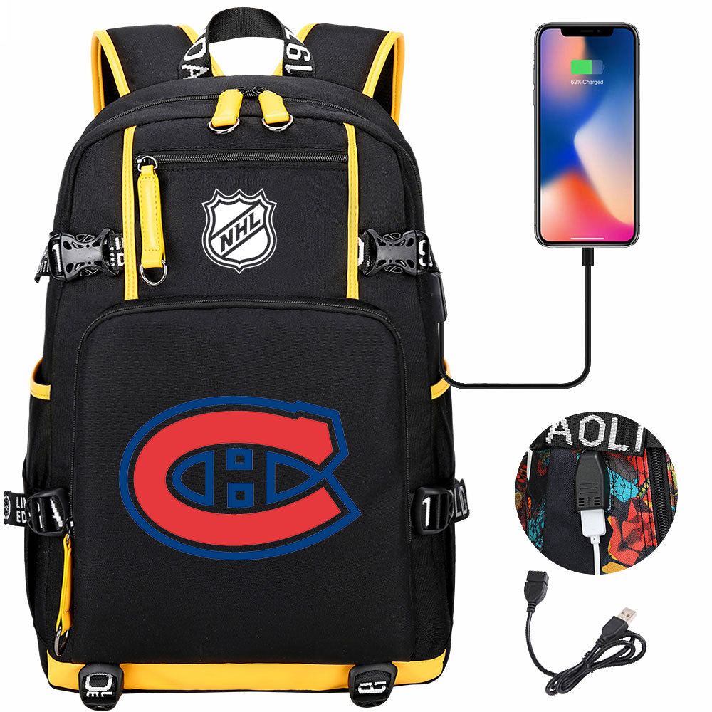 Montreal Canadiens Hockey League USB Charging Backpack School Notebook Travel Bags