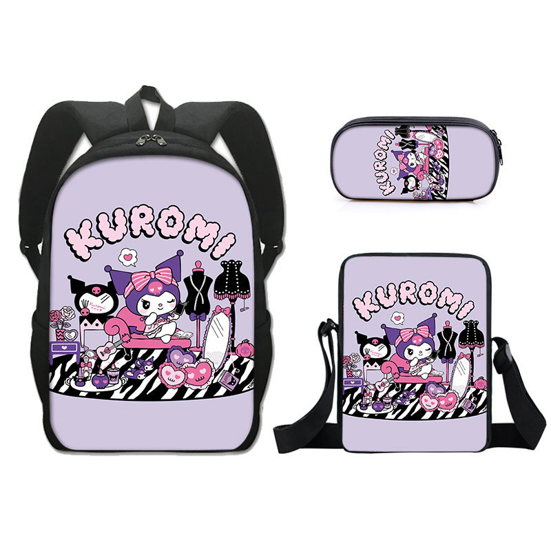 Kuromi Full Printed Backpack Schoolbag Travel Notebook Bag Lunch Bag Pencil Bag for Kids Students 3PCS