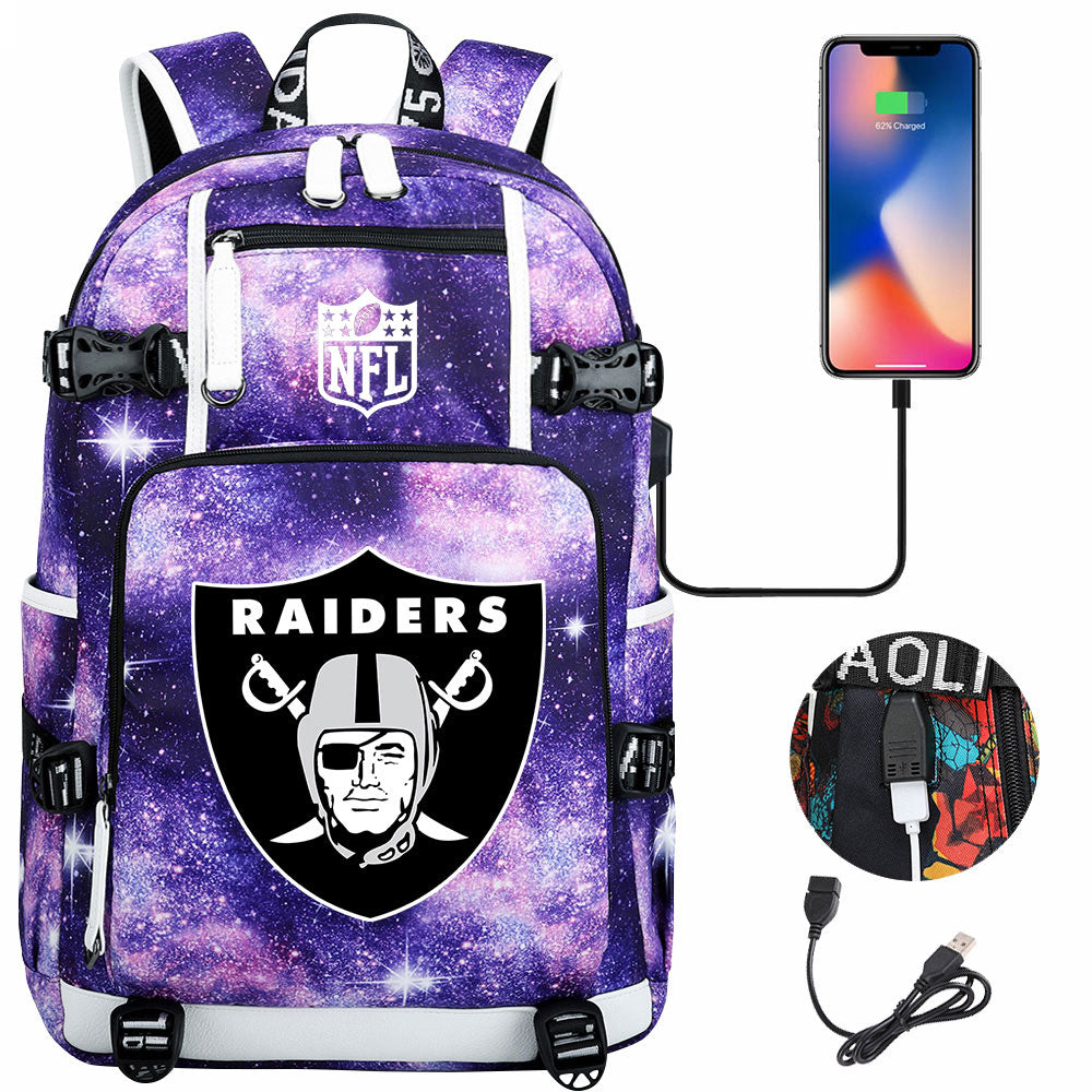 Oakland Raiders Football Team USB Charging Backpack School Notebook Travel Bags