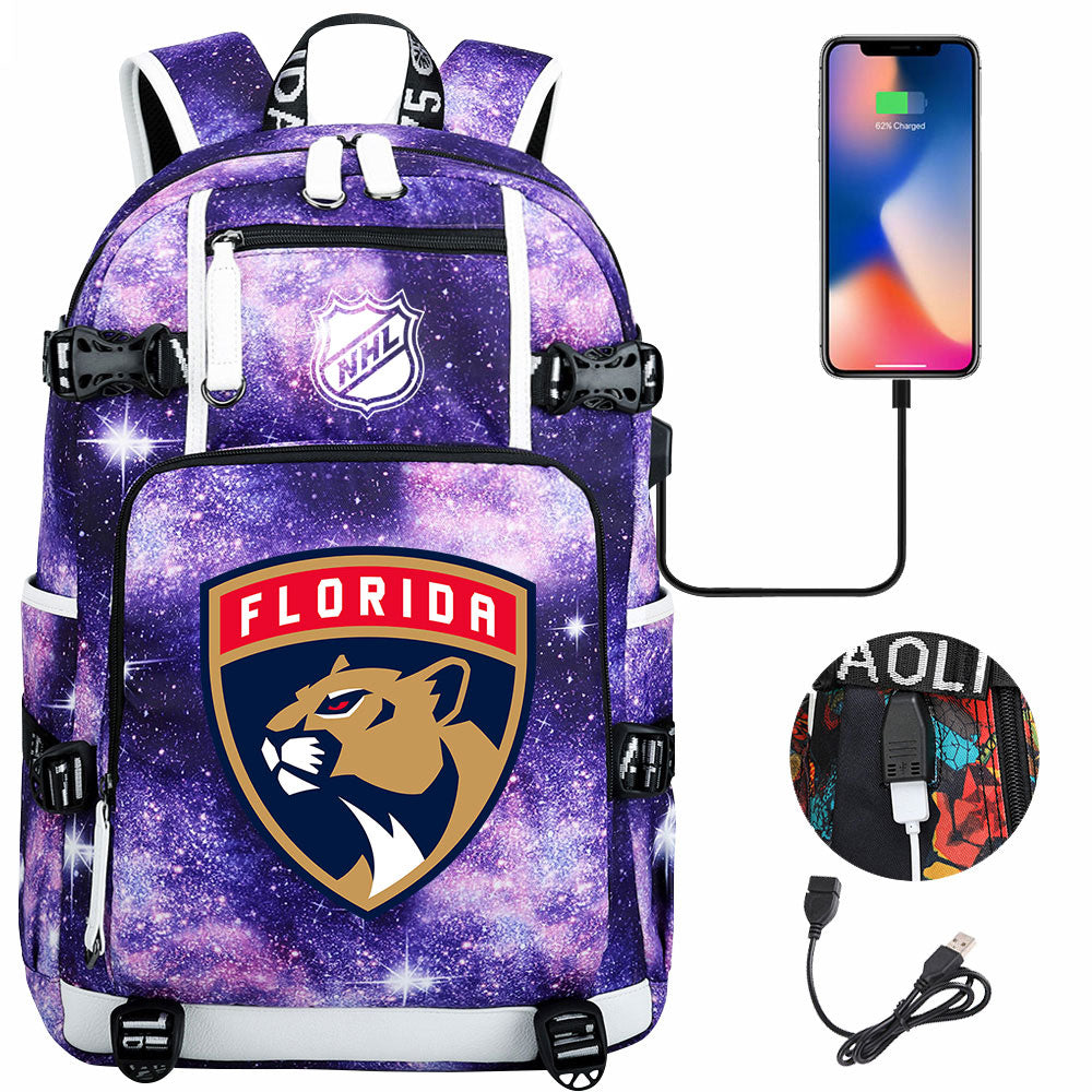 Florida Panthers Hockey League USB Charging Backpack School Notebook Travel Bags