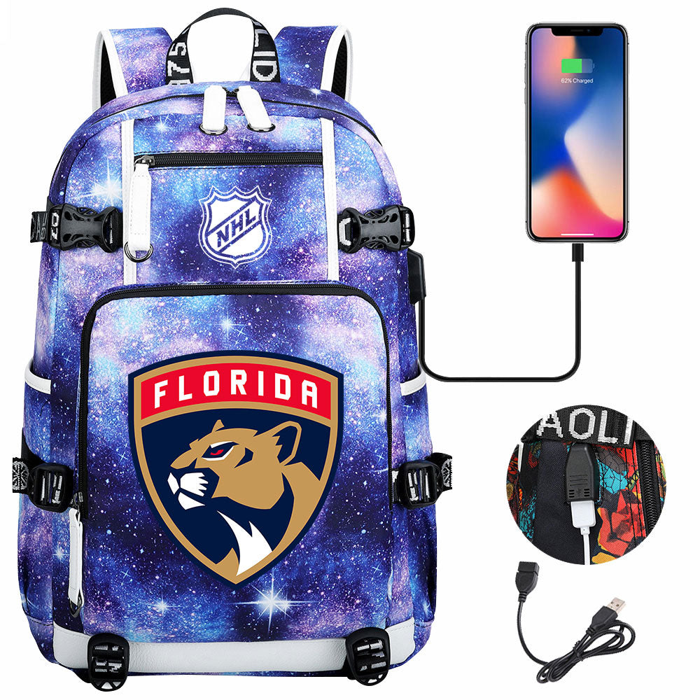 Florida Panthers Hockey League USB Charging Backpack School Notebook Travel Bags