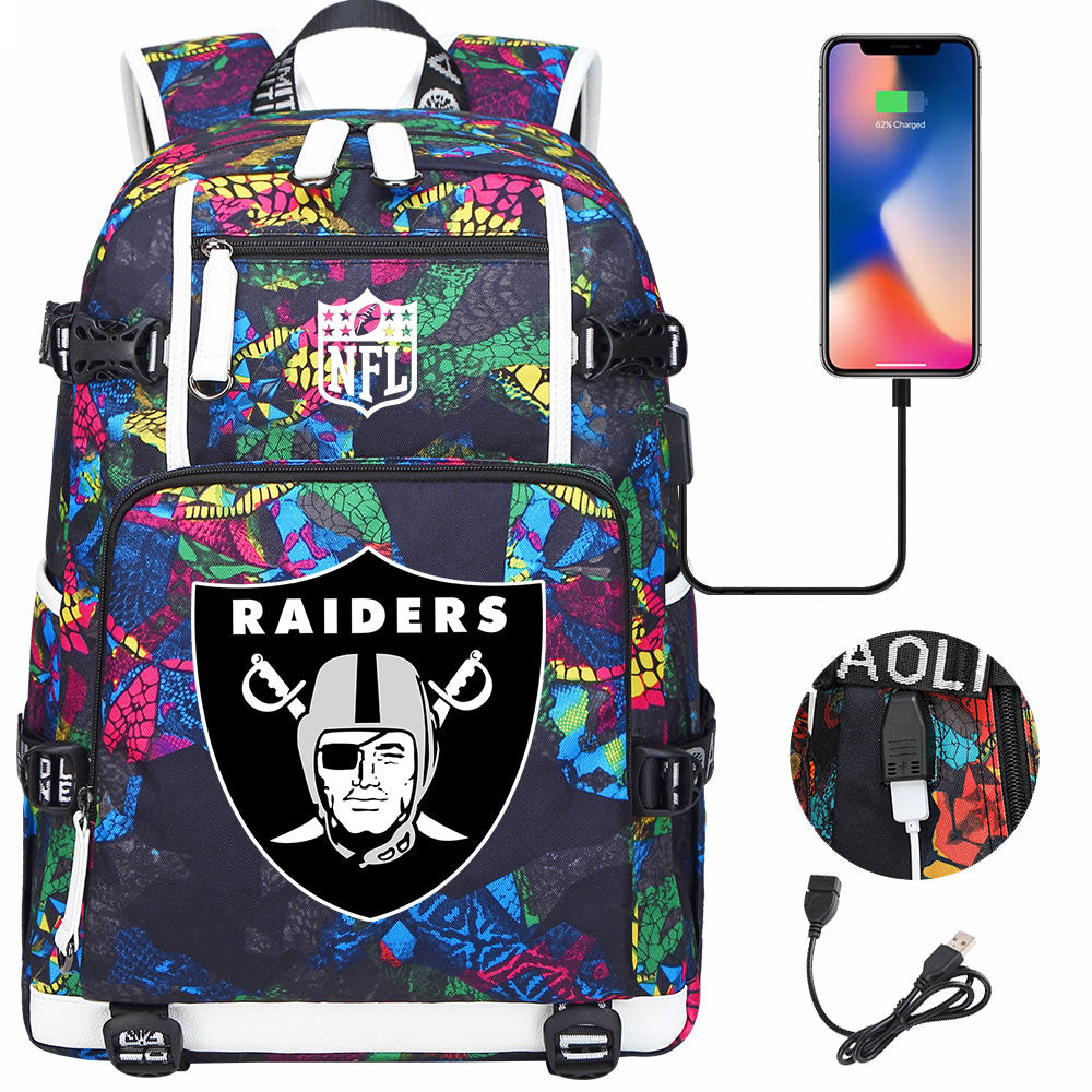 Oakland Raiders Football Team USB Charging Backpack School Notebook Travel Bags