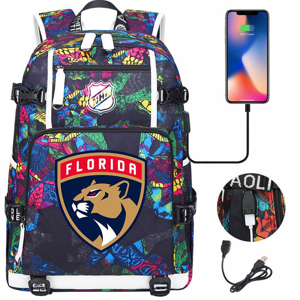 Florida Panthers Hockey League USB Charging Backpack School Notebook Travel Bags