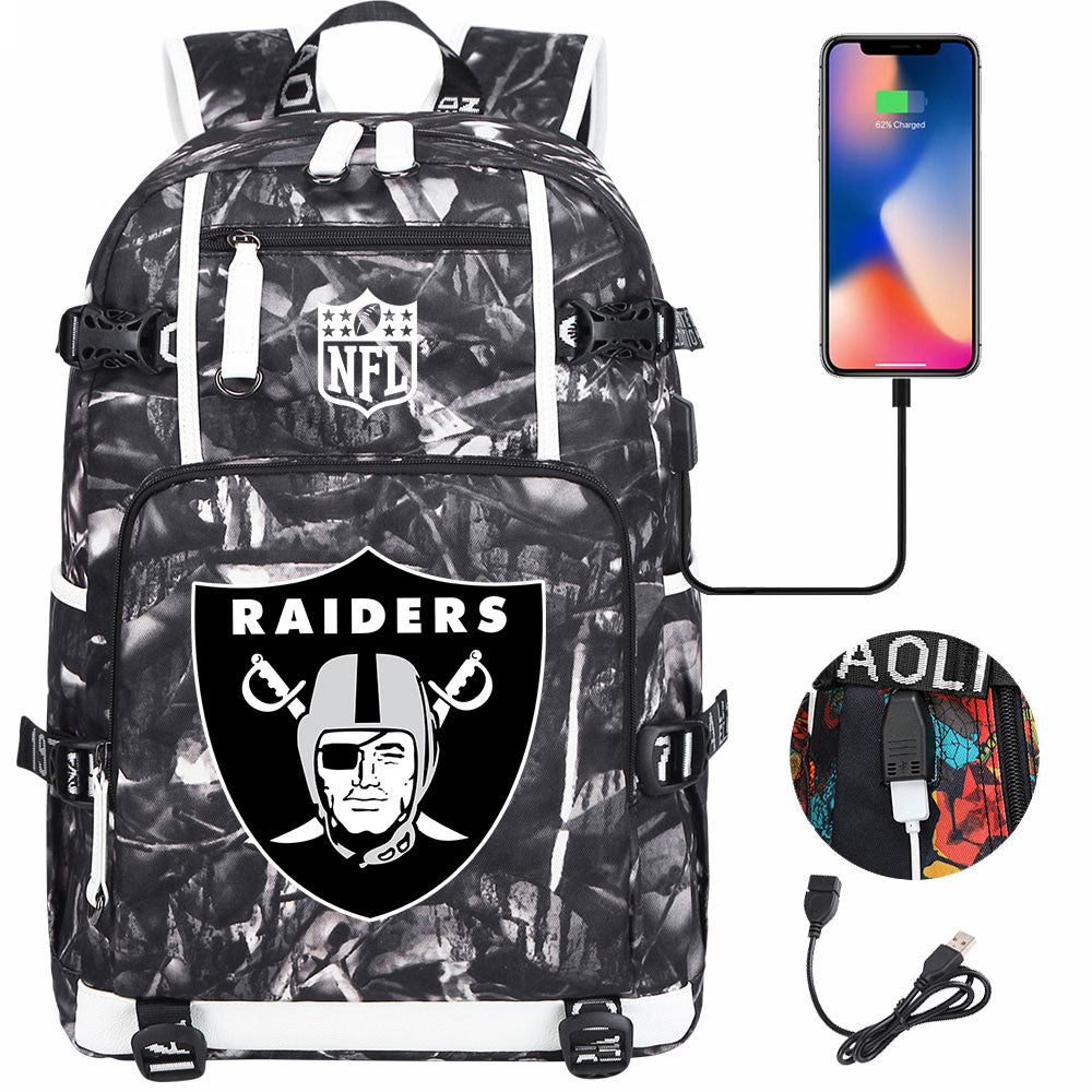 Oakland Raiders Football Team USB Charging Backpack School Notebook Travel Bags