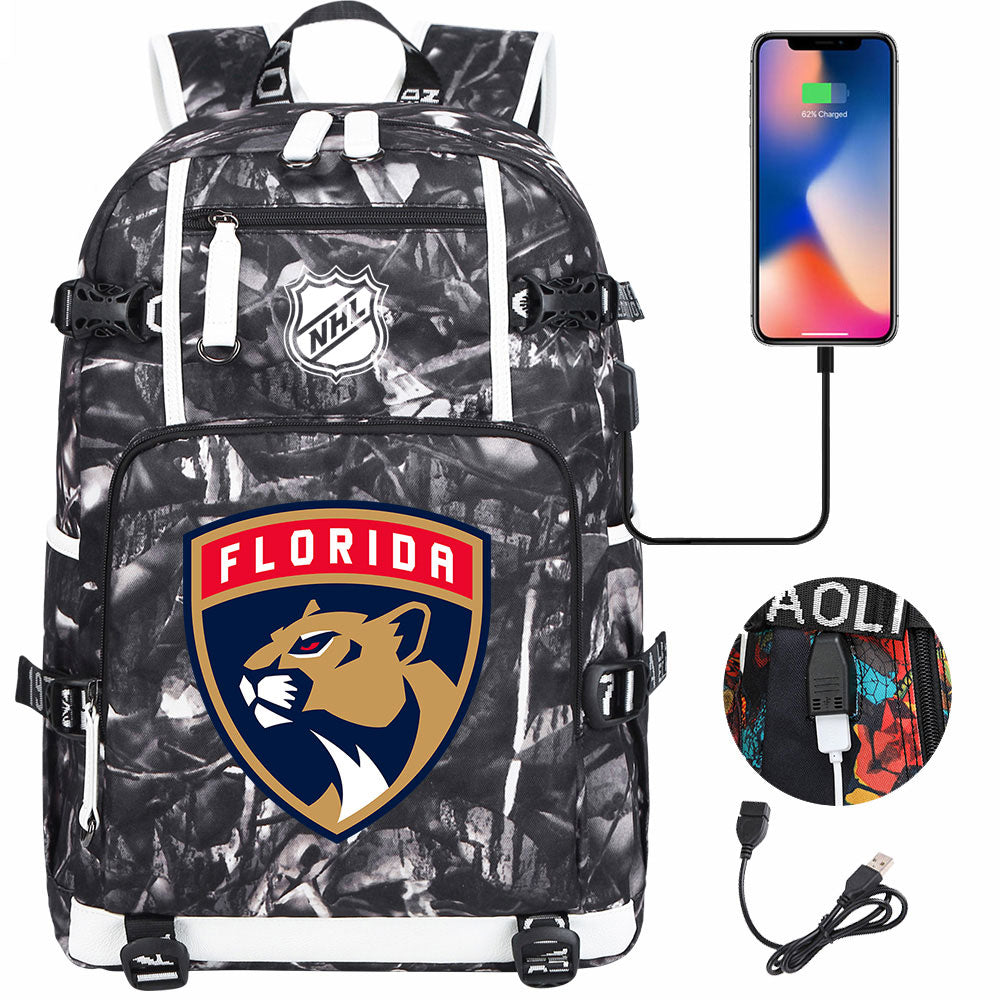 Florida Panthers Hockey League USB Charging Backpack School Notebook Travel Bags