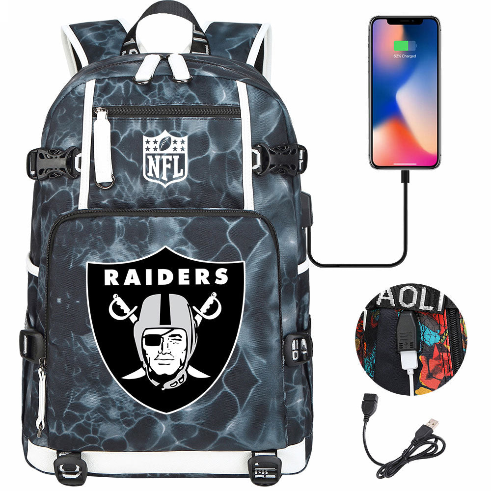 Oakland Raiders Football Team USB Charging Backpack School Notebook Travel Bags