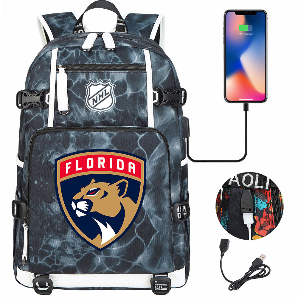 Florida Panthers Hockey League USB Charging Backpack School Notebook Travel Bags