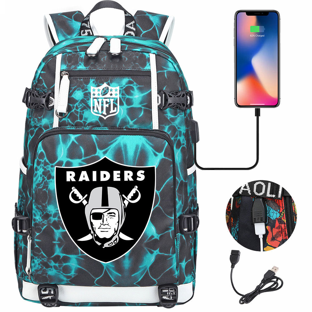 Oakland Raiders Football Team USB Charging Backpack School Notebook Travel Bags