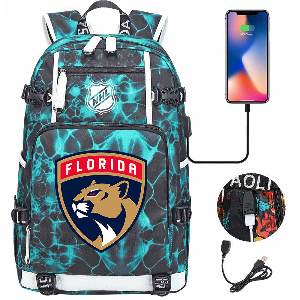 Florida Panthers Hockey League USB Charging Backpack School Notebook Travel Bags